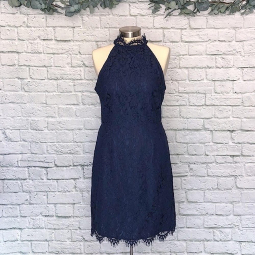 BB Dakota NWT Cara High Neck Lace Mini Dress Navy Blue Sz 8